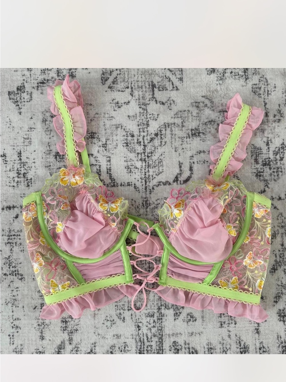 For love and lemons Pink & Lime Floral Lace Ruffle corset bra